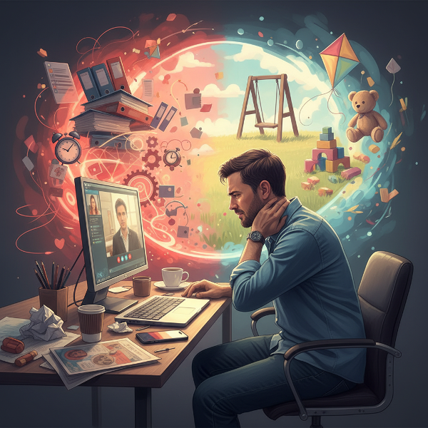 Un manager riflessivo avvolto da tensioni visibili al collo, con elementi che rappresentano lo stress da conflitti lavorativi e memorie traumatiche del passato.