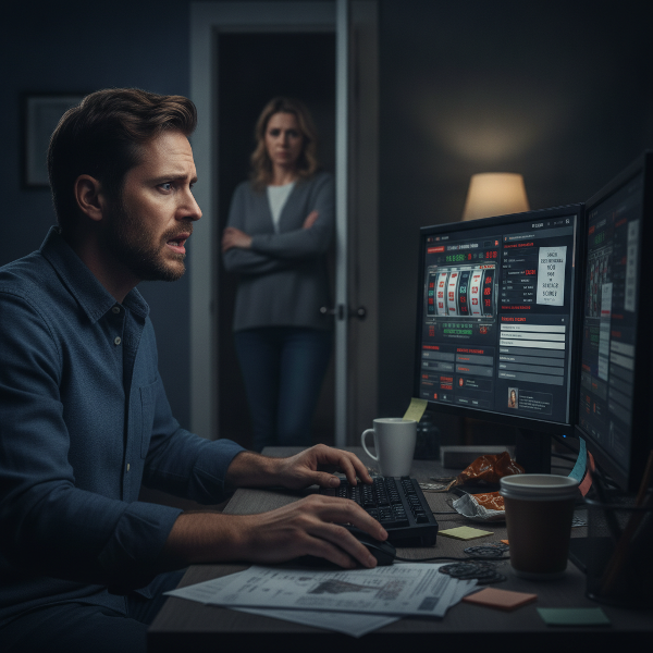 Un uomo al computer in preda all'ansia mentre gioca d'azzardo online di notte, con sullo sfondo bollette e una moglie che lo osserva preoccupata.