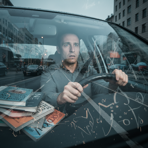 Un'immagine simbolica che mostra un uomo al volante, con la scena di un incidente stradale che si sovrappone trasparente al presente. Dei libri di ingegneria appaiono sfocati e indecifrabili sullo sfondo, a rappresentare i vuoti di memoria e la difficoltà di concentrazione.