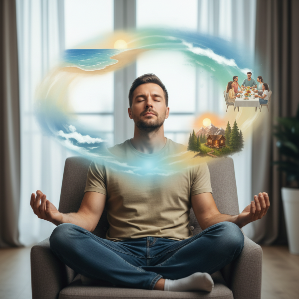 Un uomo, rappresentato da Luca, affronta l'ansia da decisione attraverso tecniche di visualizzazione e respirazione, in un'immagine simbolica di superamento del blocco.