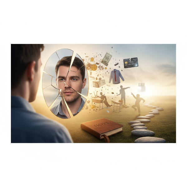 Un'illustrazione simbolica che rappresenta la ricostruzione dell'autostima e della fiducia dopo periodi di stress e insicurezza, con elementi di speranza e progresso graduale.