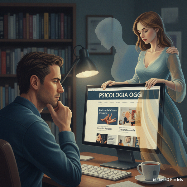 Un'illustrazione che mostra la tensione interiore di un uomo alle prese con difficoltà intime e preoccupazioni lavorative, con un elemento di supporto emotivo.