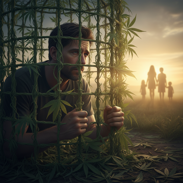 Un'illustrazione simbolica che mostra un uomo prigioniero in una gabbia fatta di foglie di marijuana, mentre osserva con dolore la sua moglie e due figli che si allontanano. Un raggio di luce indica una possibile via d'uscita.