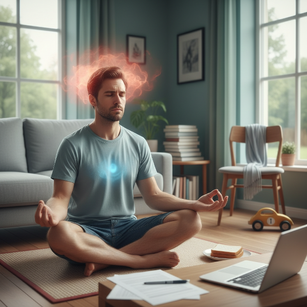 Un uomo in un ambiente di lavoro caotico, con documenti e un computer, mentre a casa interagisce con la famiglia, mostrando espressioni di stress e frustrazione, con elementi simbolici di calma come una pausa per respirare.