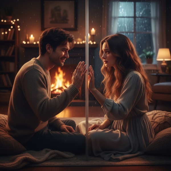 Una coppia in un salotto divisa da un muro di vetro trasparente, che simboleggia la vicinanza emotiva e la distanza fisica. Si sorridono con affetto ma le loro mani non si toccano.