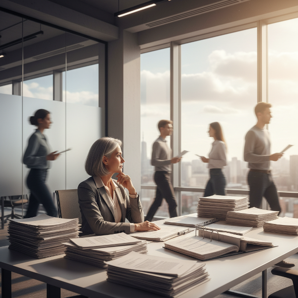 Una professionista matura riflette sulla sua carriera in un ufficio, sentendosi invisibile tra scartoffie, con un'espressione di stanchezza e ricerca di significato.