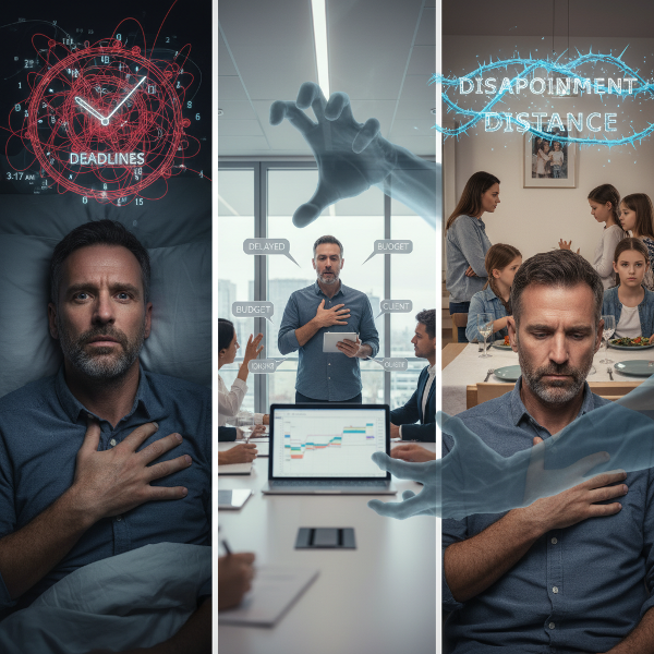 Un uomo di mezza età logorato dall'ansia da prestazione, che si manifesta con insonnia, paura al lavoro e tensione in famiglia.