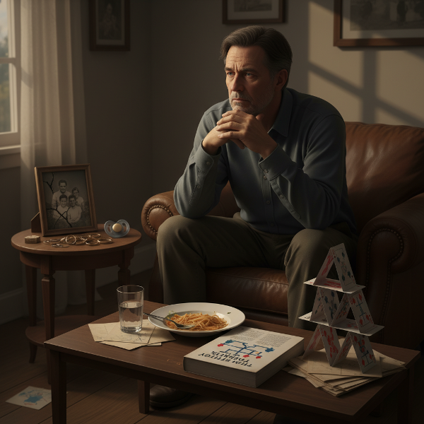 Un uomo riflessivo in un ambiente domestico al tramonto, circondato da simboli delle sue difficoltà emotive e relazionali.