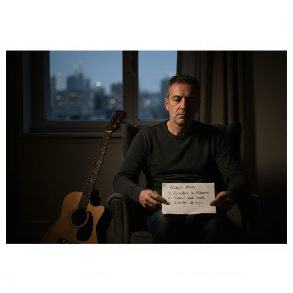 Un'immagine che rappresenta l'isolamento, la depressione e il blocco descritti, ma con un accenno di speranza attraverso piccoli gesti pianificati.