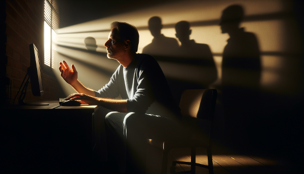 Un uomo di mezza età, solo in un ufficio domestico, circondato da ombre che rappresentano contatti superficiali, protende una mano verso una luce calda che simboleggia connessione autentica.