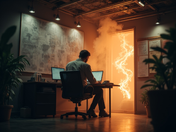 Un professionista in crisi in un moderno ufficio aziendale, circondato da simboli di pressione lavorativa e nuove tecnologie, con un barlume di speranza.