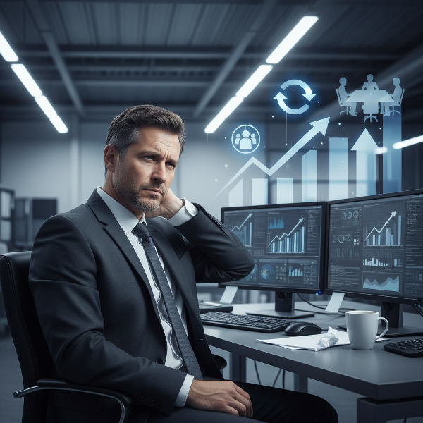 Un uomo in un contesto lavorativo formale e competitivo, che mostra tensione fisica alla spalla e al collo, riflettendo lo stress psicosomatico descritto.