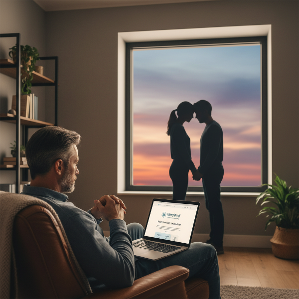 Un uomo riflette sulla complessità della relazione e dell'intimità, con una coppia in silhouette che rappresenta la vicinanza e le sfide condivise.