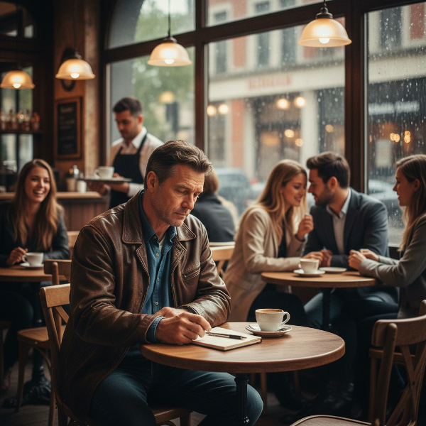 Un uomo di 52 anni siede solitario in una caffetteria, mentre altri conversano in gruppo, esprimendo disagio e nostalgia.