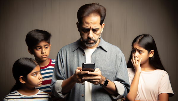 Un uomo di mezza età, in un ambiente domestico, è assorbito dal suo smartphone, mentre la sua famiglia vicina appare disconnessa e preoccupata, rappresentando la tensione tra dipendenza digitale e relazioni familiari.