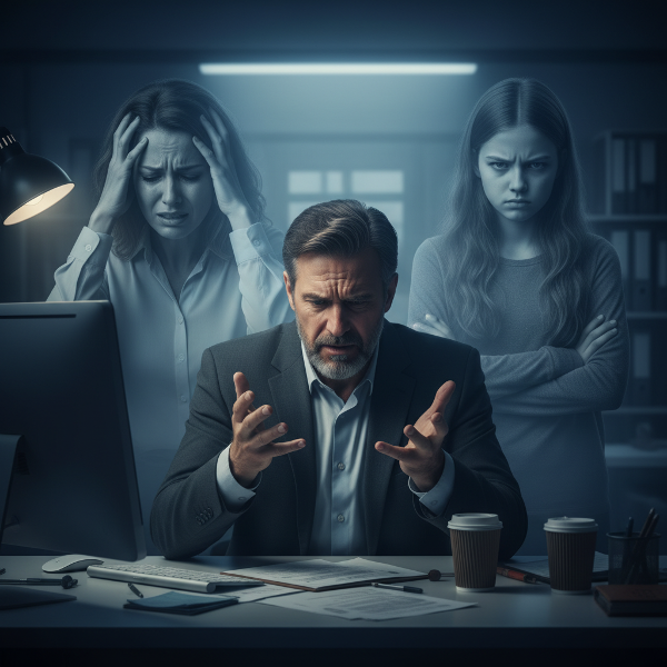 Un'illustrazione che mostra la complessa situazione familiare di Marco, con lo stress lavorativo, la moglie con disturbo borderline e la figlia adolescente in conflitto.