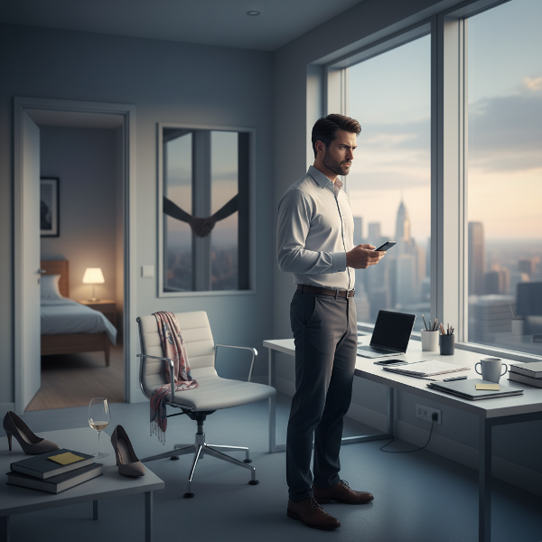 Un professionista nella prima mezza età riflette sulle difficoltà sessuali inaspettate, con lo stress del lavoro che si intreccia alla tensione nella vita privata.