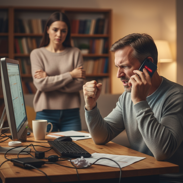 Un'illustrazione che mostra un uomo in tensione tra lavoro digitale, conflitti relazionali e pressioni familiari, mentre cerca strategie per controllare la rabbia.