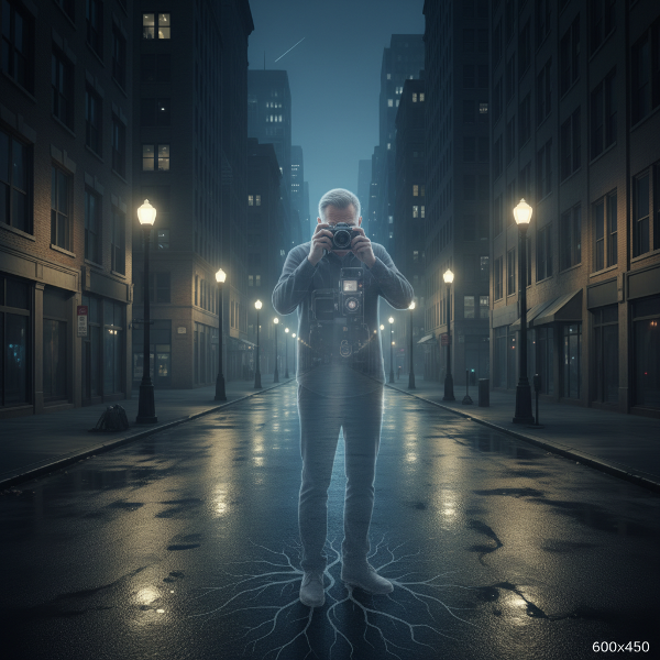 Un'immagine onirica che mostra una figura maschile semitrasparente, come un albero sradicato, mentre fotografa le ombre proiettate dalla luce di un lampione su un marciapiede urbano e deserto di notte.