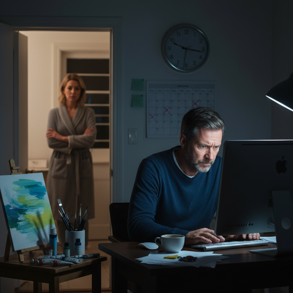 Un'illustrazione che mostra la tensione tra lavoro ossessivo e vita privata trascurata, con elementi simbolici di stress e un accenno alla ricerca di sollievo attraverso l'arte.