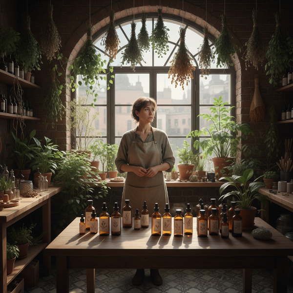 Un'immagine che rappresenta la stanchezza emotiva e il senso di vuoto descritti, con elementi del laboratorio di cosmetici naturali e un'atmosfera di sospensione.