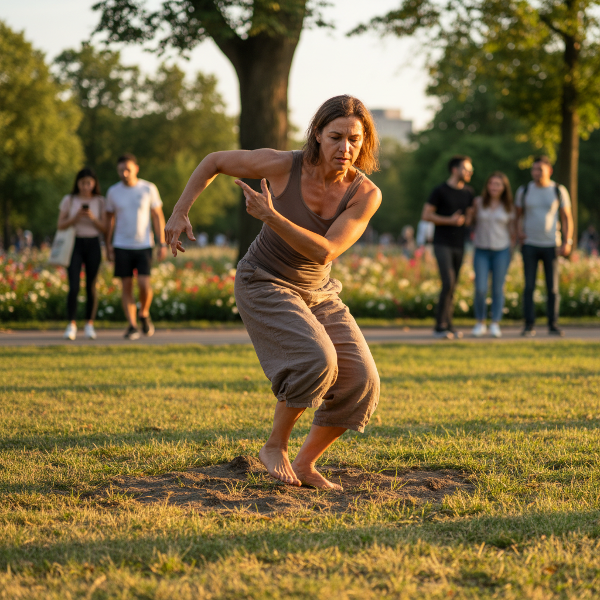 Una donna danza in un parco pubblico, tra passanti, mentre lotta interiormente per sentirsi legittima nello spazio che occupa.