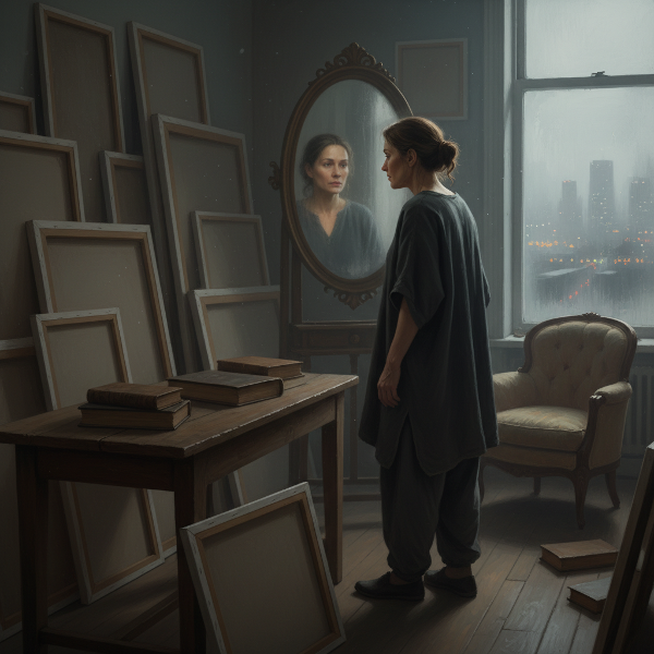 Un'immagine che evoca la solitudine interiore e la ricerca di sé, con elementi simbolici come lo specchio e gli oggetti inutilizzati.