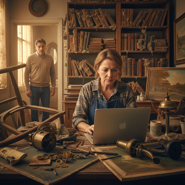 Un'immagine che rappresenta la dipendenza da video di restauro, con oggetti abbandonati e tensione domestica.