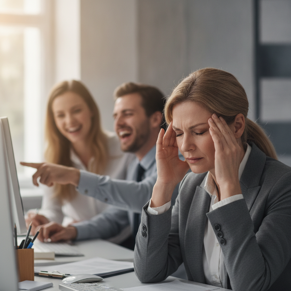 Donna stressata con mal di testa in ufficio mentre colleghi giovani la escludono