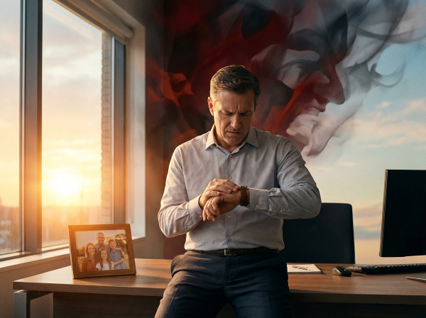 Un uomo di 40 anni in ufficio, sopraffatto dalla pressione lavorativa e dalla mancanza di tempo, mentre guarda una foto di famiglia. Le emozioni contrastanti di rabbia e desiderio di equilibrio sono rappresentate visivamente.