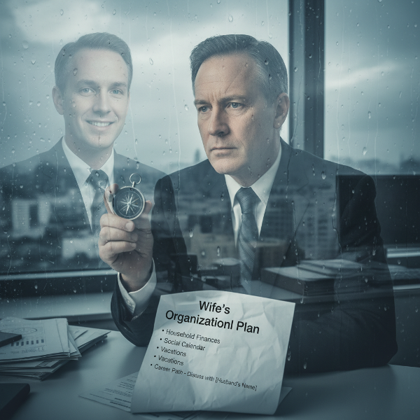 Un uomo osserva il suo riflesso passato, circondato da simboli di perdita di direzione e dinamiche relazionali passive.