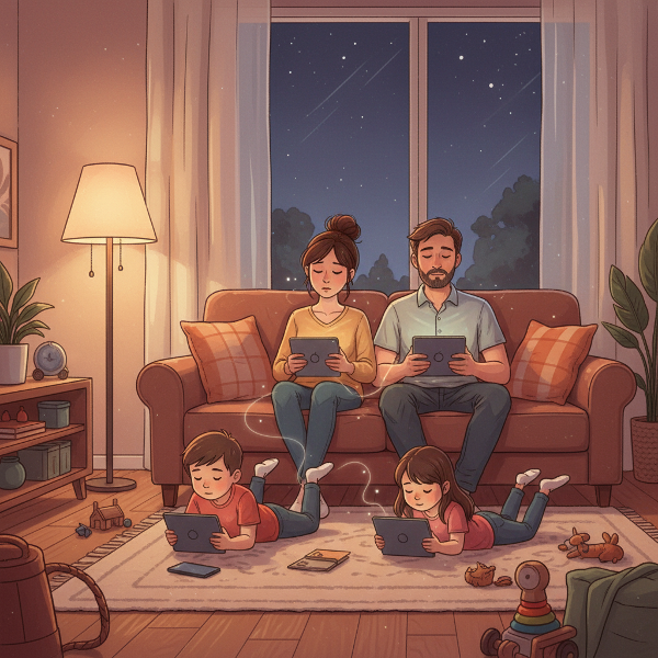 Un'illustrazione che mostra una famiglia in salotto, con genitori stanchi e bambini assorti nei dispositivi, catturando il conflitto tra relax tecnologico e desiderio di connessione.