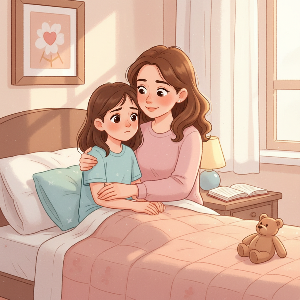 Madre che abbraccia la figlia preoccupata sul letto, atmosfera rassicurante.