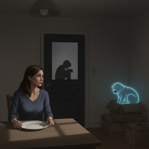 Un'illustrazione che mostra la tensione a cena: una madre a tavola, il figlio isolato in camera e simboli di cambiamento come scatoloni e il ricordo di un cane.