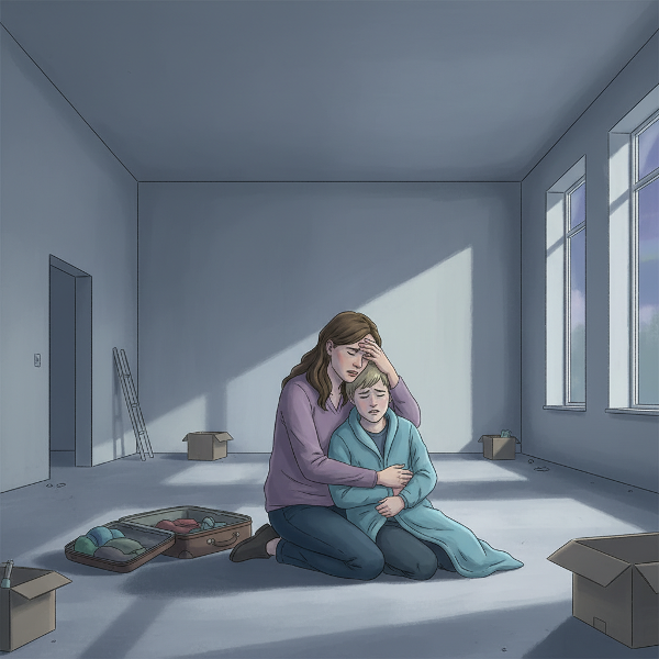 Un'illustrazione che mostra una madre e suo figlio in una nuova casa spaziosa ma percepita come opprimente, con espressioni di ansia e disagio, mentre il padre appare distante. La scena evoca tensione psicosomatica legata al trasloco.
