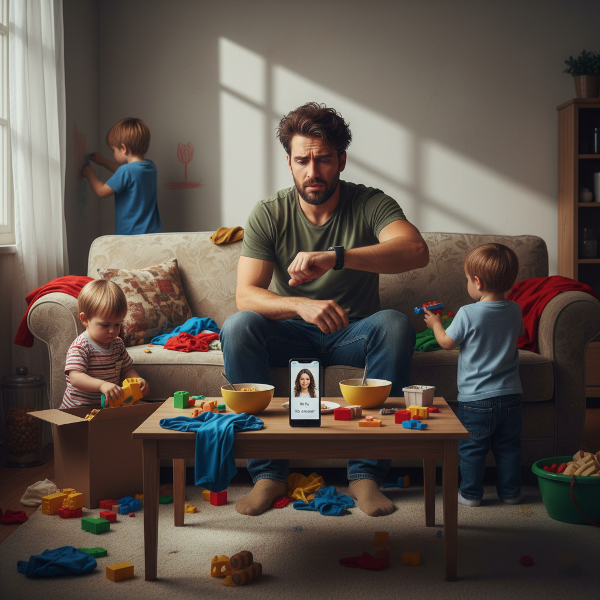 Un'illustrazione che mostra un padre sovraccarico di responsabilità domestiche e genitoriali, con due bambini che chiedono attenzione, mentre la tensione e la ricerca di un equilibrio familiare sono palpabili.