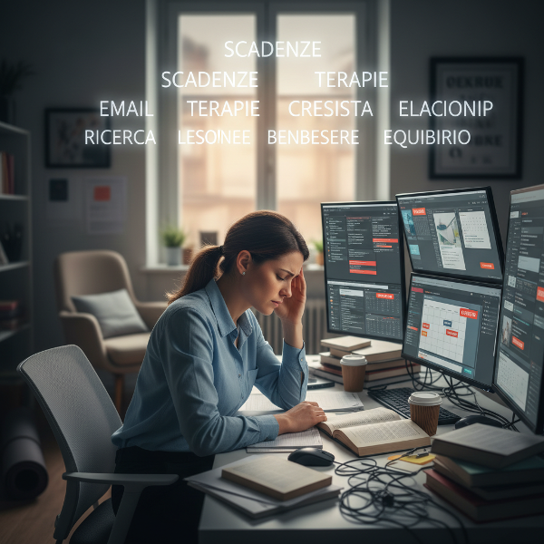 Un'illustrazione che mostra una professionista in difficoltà, sopraffatta dalle responsabilità lavorative, con sintomi fisici di stress, mentre cerca di bilanciare le esigenze personali e professionali.
