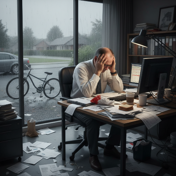 Un imprenditore sopraffatto dalla pressione lavorativa e familiare, in un momento di crisi emotiva.