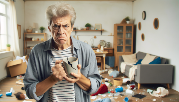 Illustrazione simbolica di una donna sopraffatta dalla rabbia quotidiana, con oggetti domestici che rappresentano lo stress accumulato.