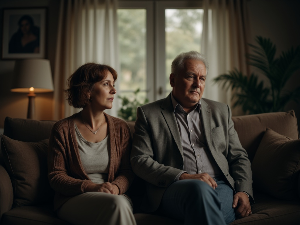 Una donna di mezza età e suo marito in un salotto, con un'atmosfera di silenzio pesante e distanza emotiva, che riflette la sfida di riconnettersi dopo la menopausa.