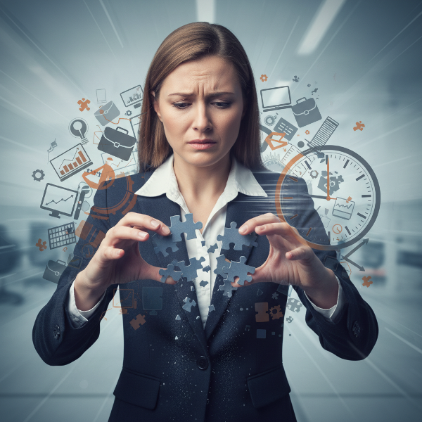 Un'illustrazione simbolica che mostra una donna in abiti professionali, visibilmente stressata, mentre tenta di tenere insieme frammenti di un puzzle che rappresentano il suo lavoro, circondata da elementi che simboleggiano il tempo che fugge e il carico eccessivo.