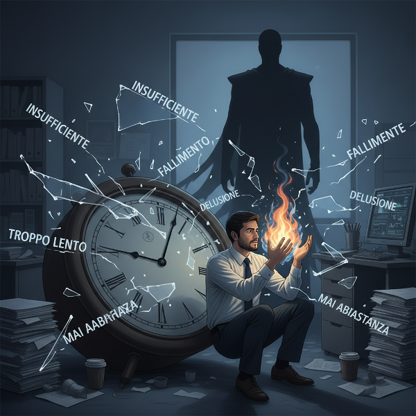 Un'illustrazione che mostra la pressione psicologica di un ambiente lavorativo tossico, con simboli di controllo, tempo e critiche che opprimono il lavoratore.