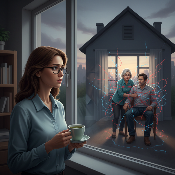 Un'illustrazione simbolica che mostra una psicologa che osserva da lontano una casa dove una madre e un figlio sono intrappolati in una relazione simbiotica tossica, rappresentata da fili che li legano.