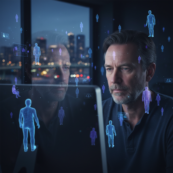 Un professionista in isolamento digitale osserva il suo riflesso virtuale mentre il mondo reale si allontana, simbolizzando la trappola del lavoro da remoto e la perdita di contatti autentici.