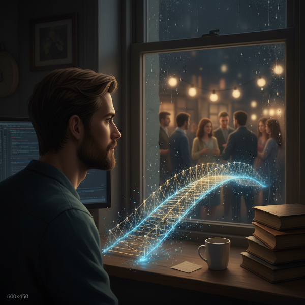 Un uomo riflessivo osserva connessioni sociali a distanza, circondato dai suoi interessi solitari, mentre un ponte simbolico rappresenta il desiderio di superare l'isolamento emotivo.