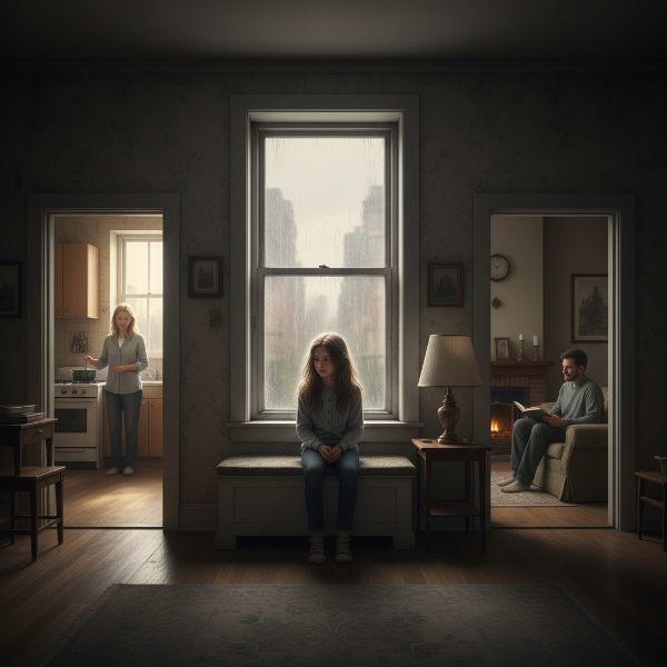 Una bambina riflette in silenzio durante il divorzio dei genitori, che la osservano con affetto da lontano.