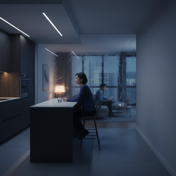 Un'illustrazione che mostra la solitudine e la distanza emotiva in una coppia matura, con una barriera invisibile che simboleggia l'incomunicabilità.