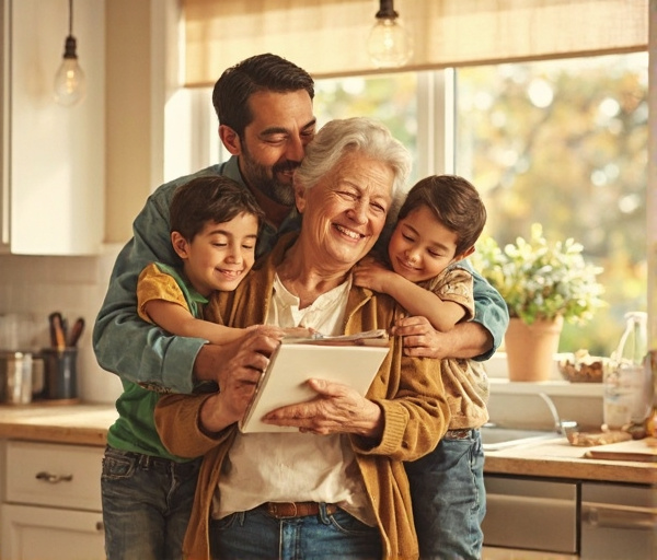 Donna matura sorridente e pensierosa guarda fuori dalla finestra mentre i suoi figli la abbracciano, simboli di rinascita e libri e piante sullo sfondo.