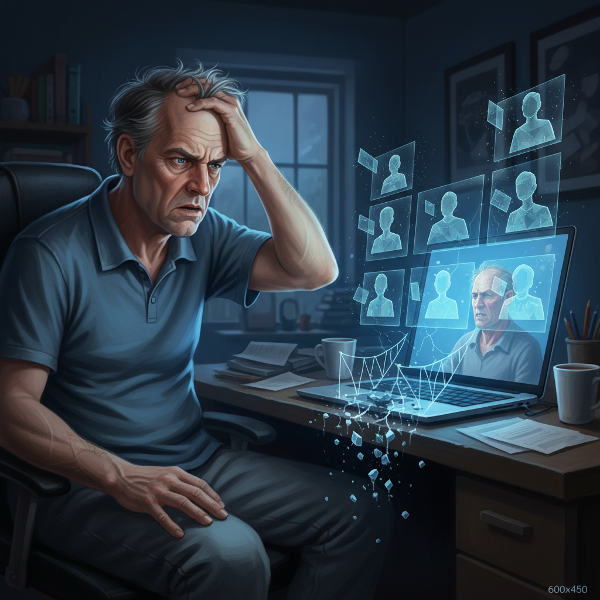 Un dirigente stressato osserva il suo team frammentato su uno schermo, con un ponte che si spezza a simboleggiare la perdita di connessione umana nel lavoro da remoto.