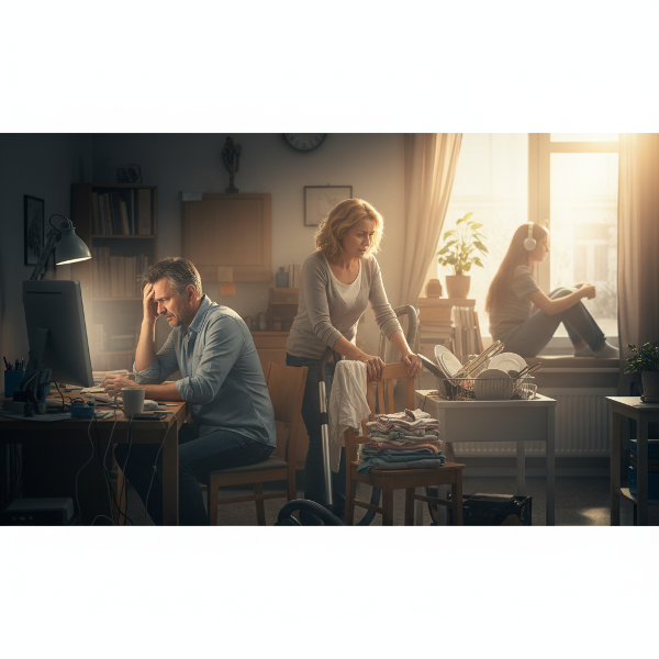 Un'illustrazione che mostra una coppia in crisi, sovraccaricata da stress lavorativo e familiare, con la figlia adolescente presente sullo sfondo, mentre una luce calda suggerisce la possibilità di riconnessione.